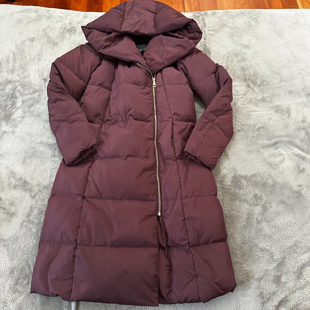 Cole Haan Down Filled Long Puffer Coat Women's SMALL Hooded Burgundy